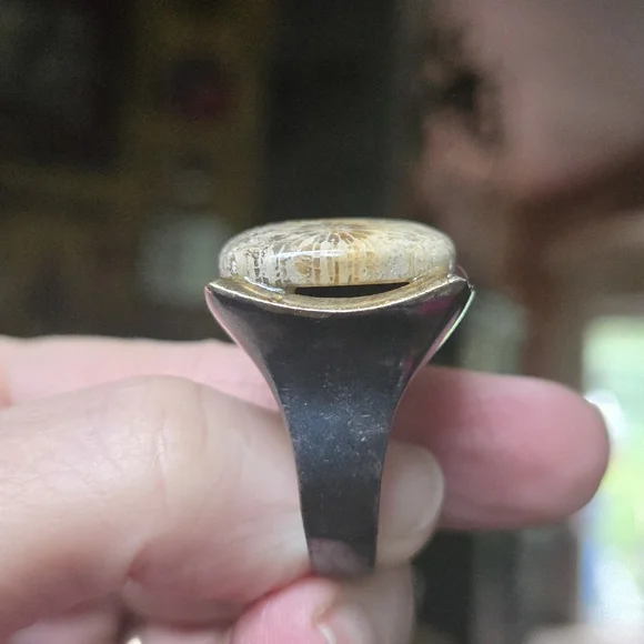 Coral Fossil Stone sterling rhodium & gold Ring sz9